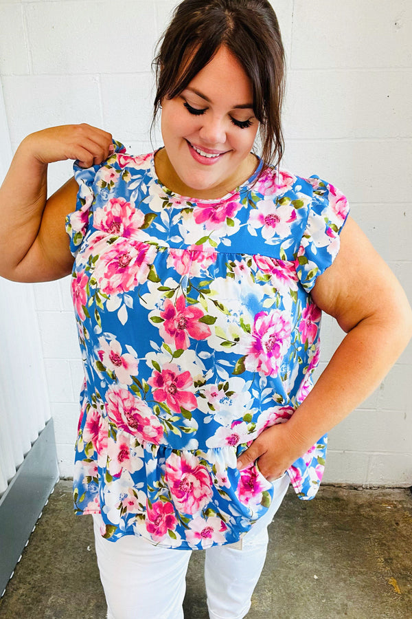 Sky Blue Floral Yoke Flutter Sleeve Keyhole Back Top - Coeur de la Mode
