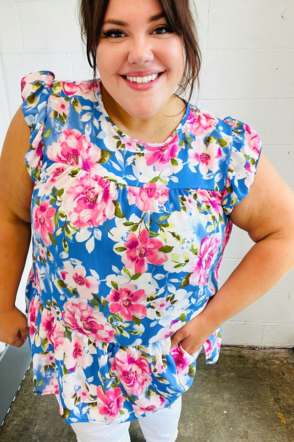 Sky Blue Floral Yoke Flutter Sleeve Keyhole Back Top - Coeur de la Mode