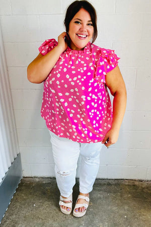 Hot Pink Floral Mock Neck Double Flutter Sleeve Top - Coeur de la Mode