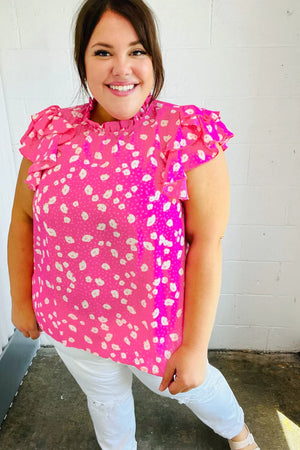 Hot Pink Floral Mock Neck Double Flutter Sleeve Top - Coeur de la Mode