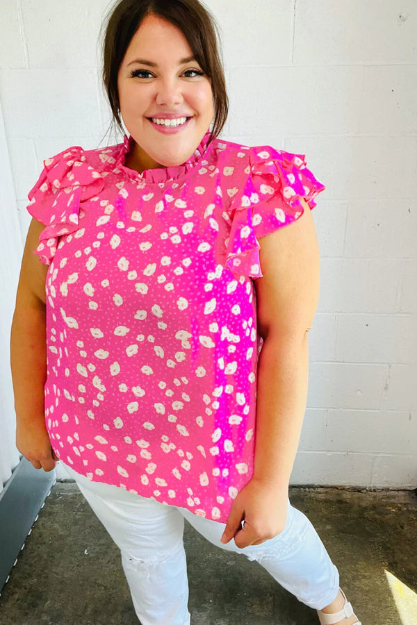 Hot Pink Floral Mock Neck Double Flutter Sleeve Top - Coeur de la Mode