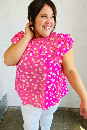 Hot Pink Floral Mock Neck Double Flutter Sleeve Top - Coeur de la Mode
