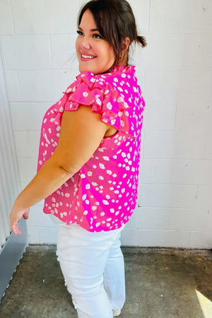Hot Pink Floral Mock Neck Double Flutter Sleeve Top - Coeur de la Mode