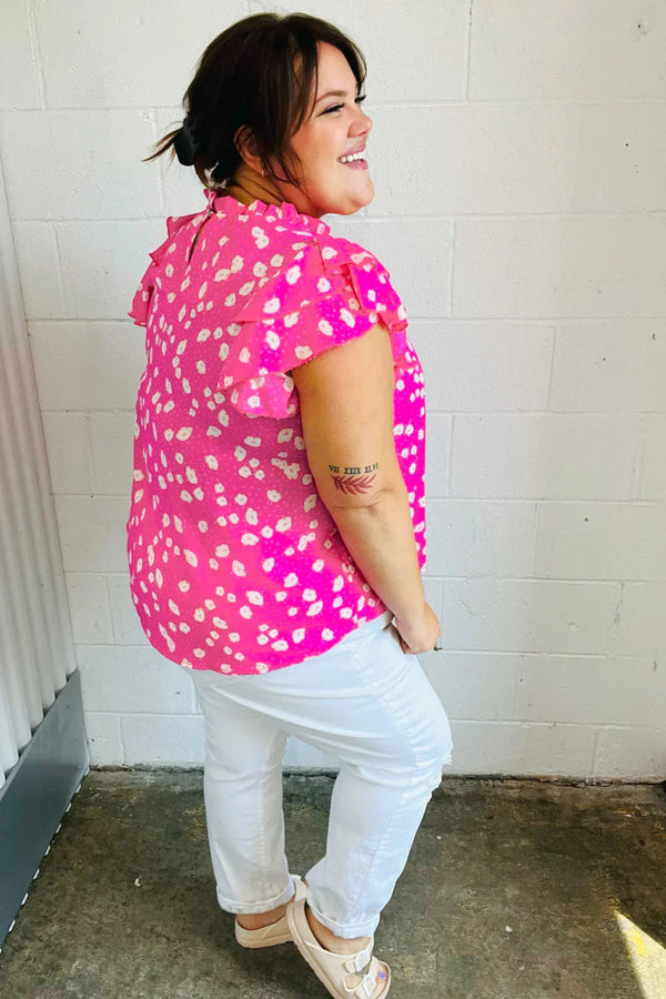 Hot Pink Floral Mock Neck Double Flutter Sleeve Top - Coeur de la Mode