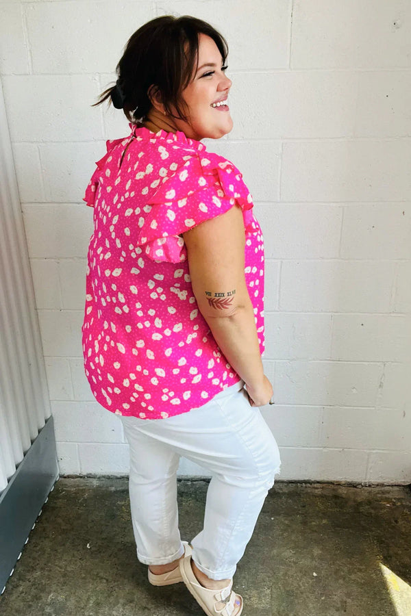 Hot Pink Floral Mock Neck Double Flutter Sleeve Top - Coeur de la Mode