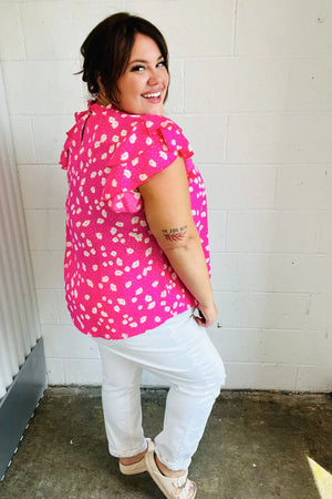 Hot Pink Floral Mock Neck Double Flutter Sleeve Top - Coeur de la Mode