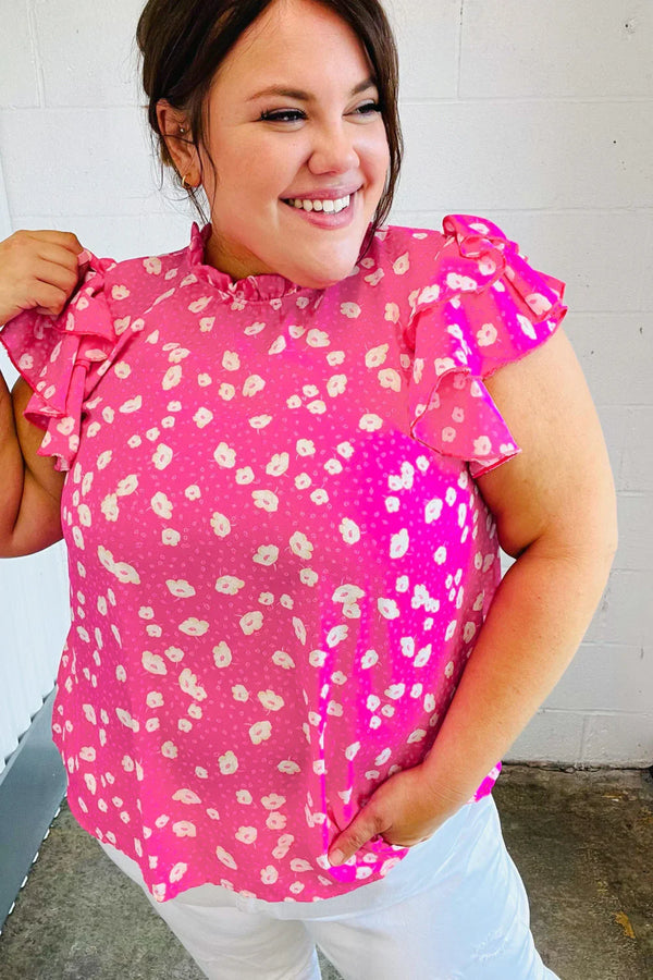 Hot Pink Floral Mock Neck Double Flutter Sleeve Top - Coeur de la Mode