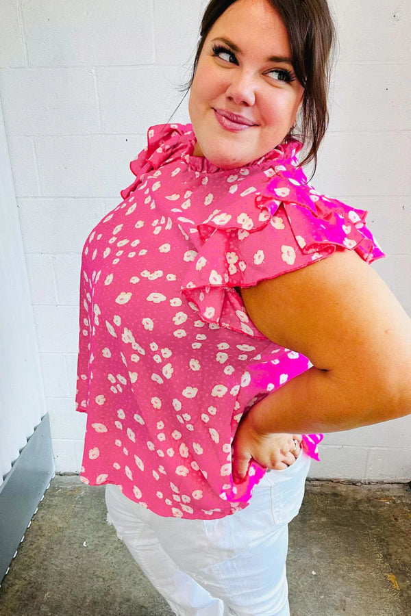 Hot Pink Floral Mock Neck Double Flutter Sleeve Top - Coeur de la Mode