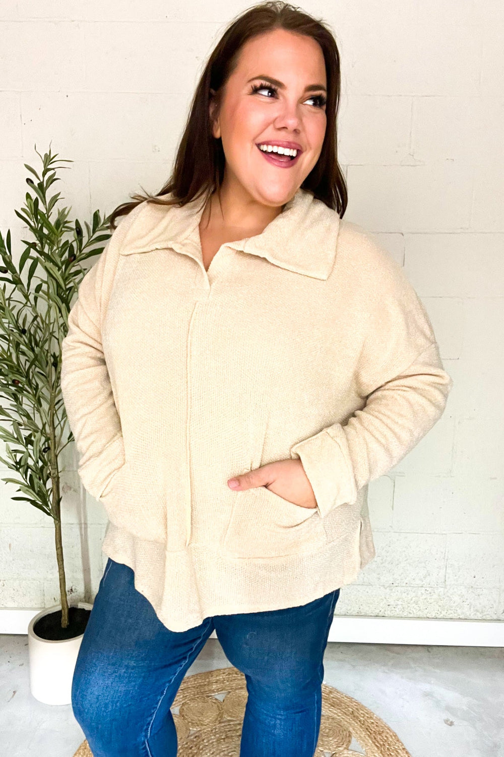 Easy Living Oatmeal Textured Knit Notch Neck Oversized Collar Sweater - Coeur de la Mode