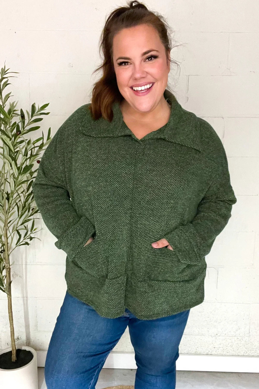 Easy Living Olive Textured Knit Notch Neck Oversized Collar Sweater - Coeur de la Mode