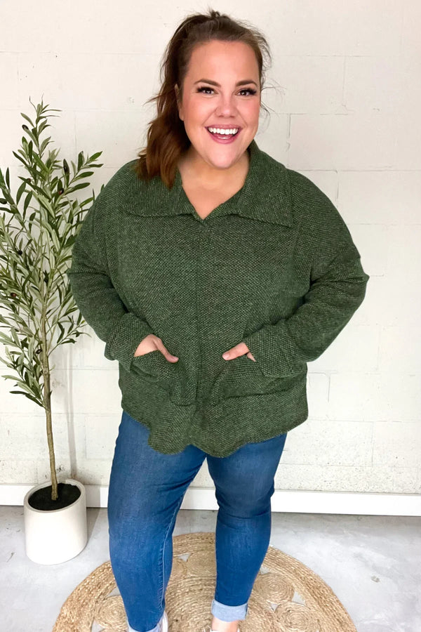 Easy Living Olive Textured Knit Notch Neck Oversized Collar Sweater - Coeur de la Mode