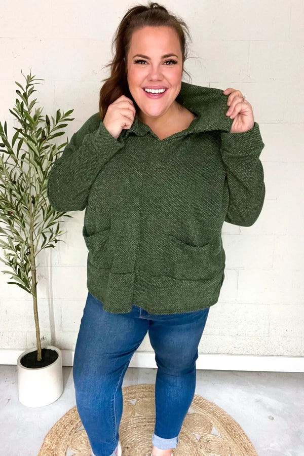 Easy Living Olive Textured Knit Notch Neck Oversized Collar Sweater - Coeur de la Mode