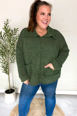 Easy Living Olive Textured Knit Notch Neck Oversized Collar Sweater - Coeur de la Mode