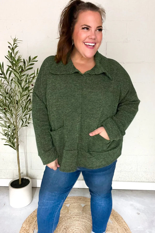 Easy Living Olive Textured Knit Notch Neck Oversized Collar Sweater - Coeur de la Mode