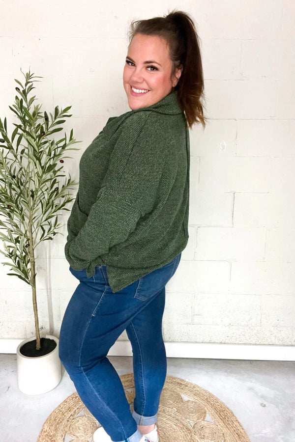 Easy Living Olive Textured Knit Notch Neck Oversized Collar Sweater - Coeur de la Mode