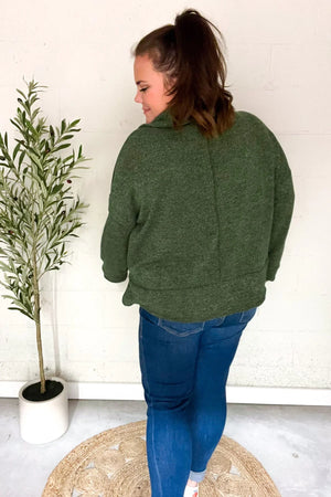 Easy Living Olive Textured Knit Notch Neck Oversized Collar Sweater - Coeur de la Mode