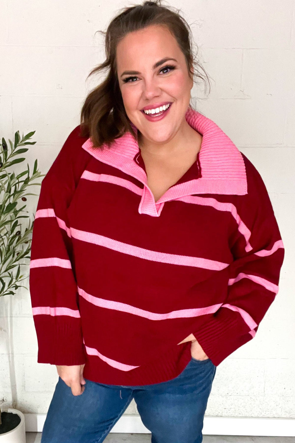 Fall For You Crimson Stripe Notched Neck Collared Oversized Sweater - Coeur de la Mode