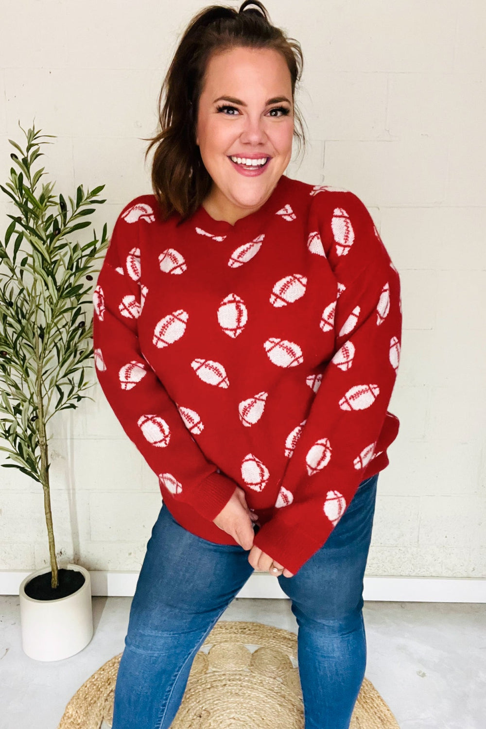 Game Day Red Football Print Jacquard Knit Sweater - Coeur de la Mode