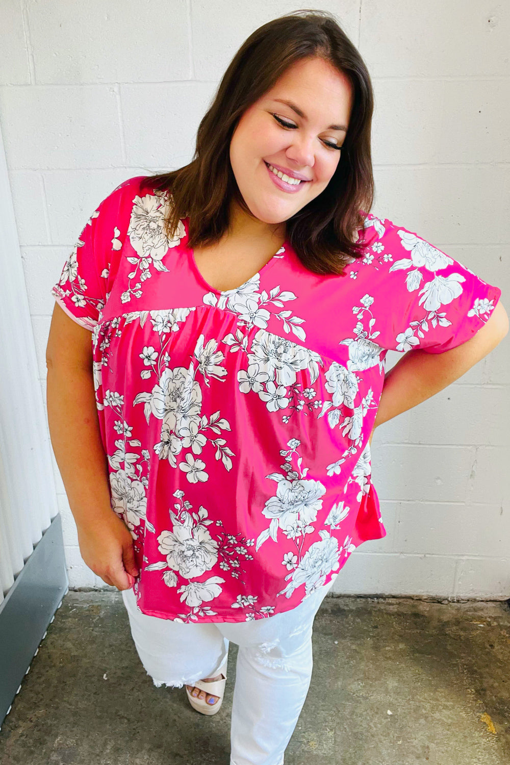 Fuchsia Floral V Neck Dolman Top - Coeur de la Mode