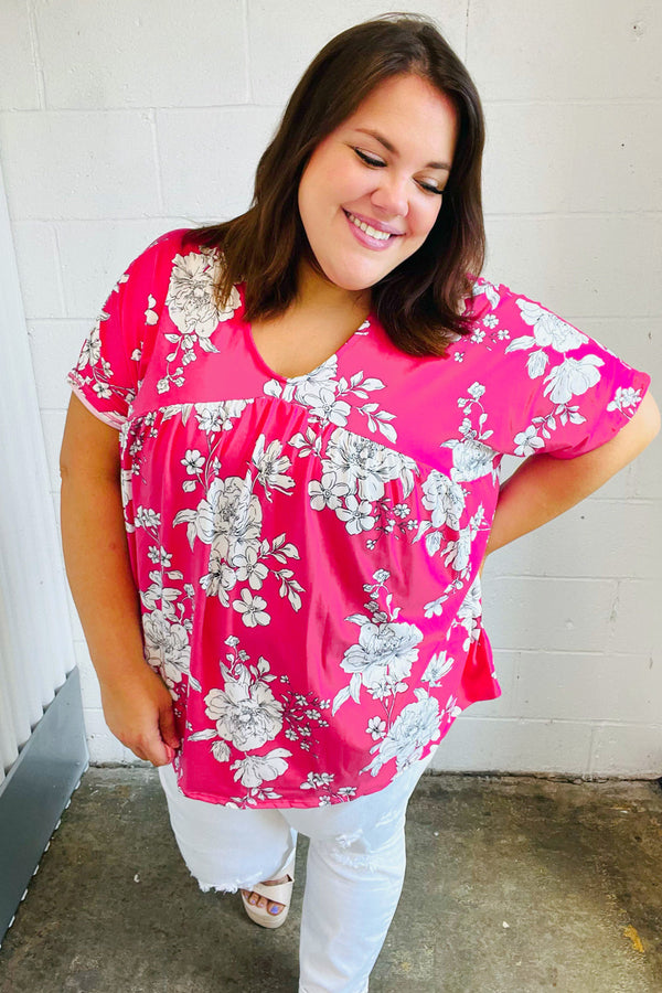 Fuchsia Floral V Neck Dolman Top - Coeur de la Mode