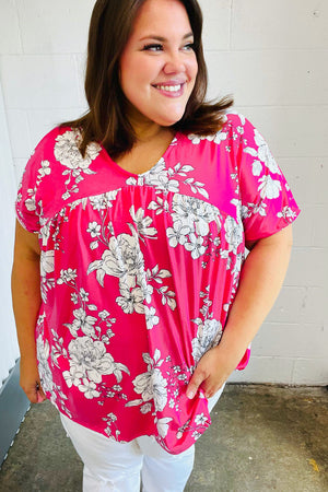 Fuchsia Floral V Neck Dolman Top - Coeur de la Mode