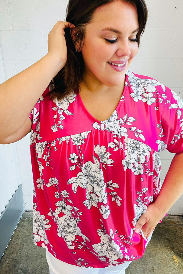 Fuchsia Floral V Neck Dolman Top - Coeur de la Mode