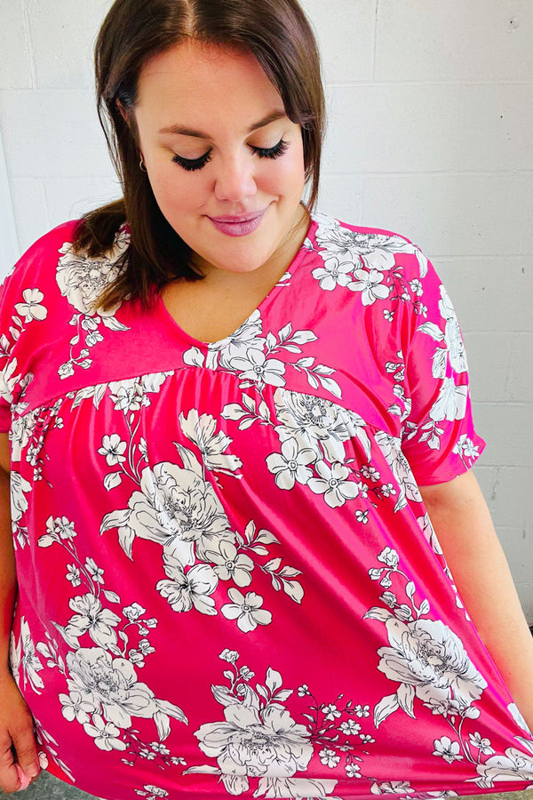 Fuchsia Floral V Neck Dolman Top - Coeur de la Mode