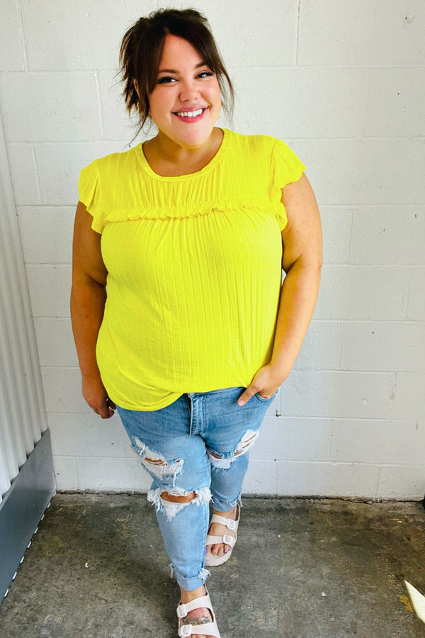 Yellow Wide Rib Frilled Short Sleeve Yoke Top - Coeur de la Mode