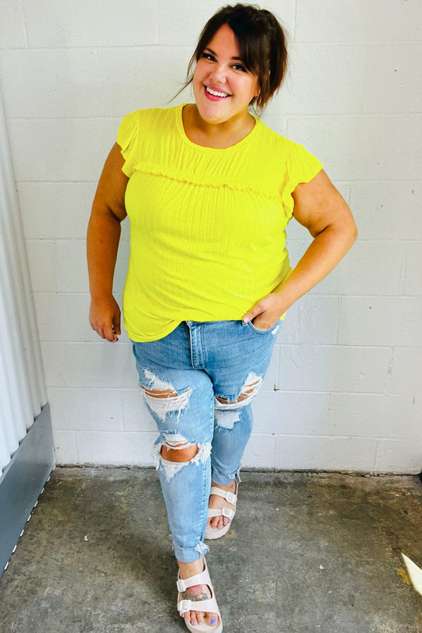 Yellow Wide Rib Frilled Short Sleeve Yoke Top - Coeur de la Mode