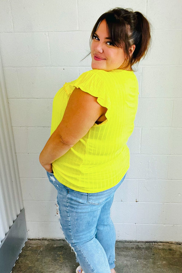 Yellow Wide Rib Frilled Short Sleeve Yoke Top - Coeur de la Mode
