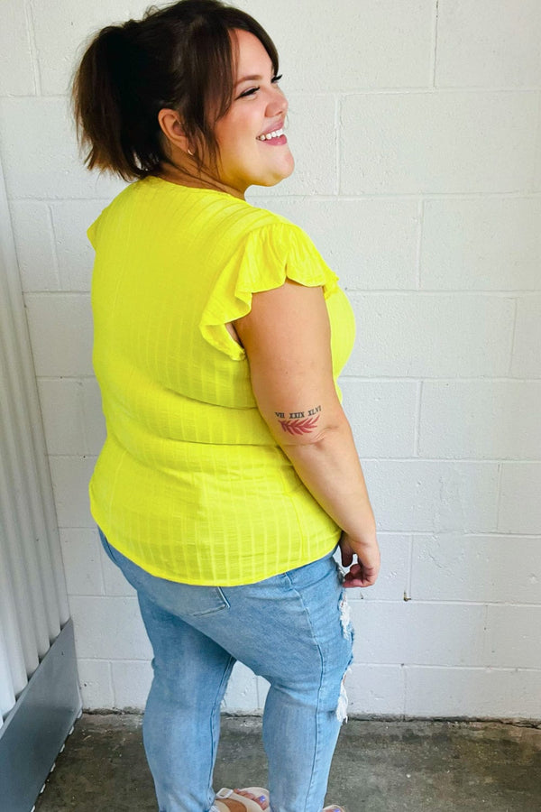 Yellow Wide Rib Frilled Short Sleeve Yoke Top - Coeur de la Mode