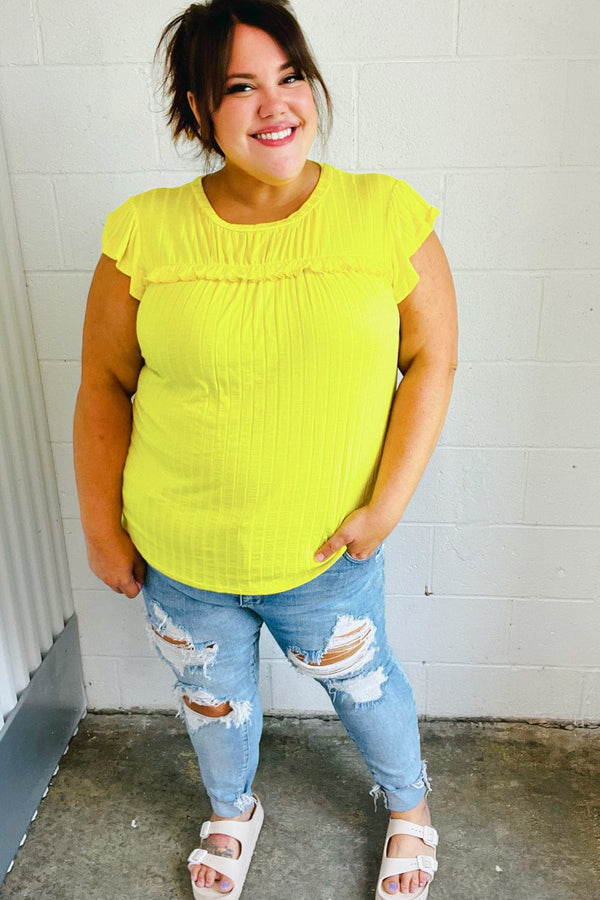 Yellow Wide Rib Frilled Short Sleeve Yoke Top - Coeur de la Mode