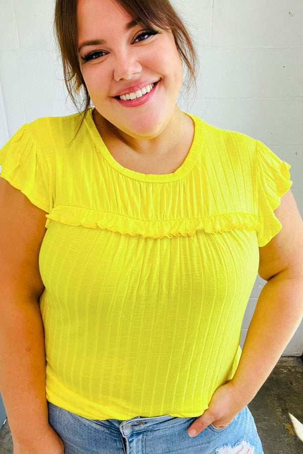 Yellow Wide Rib Frilled Short Sleeve Yoke Top - Coeur de la Mode
