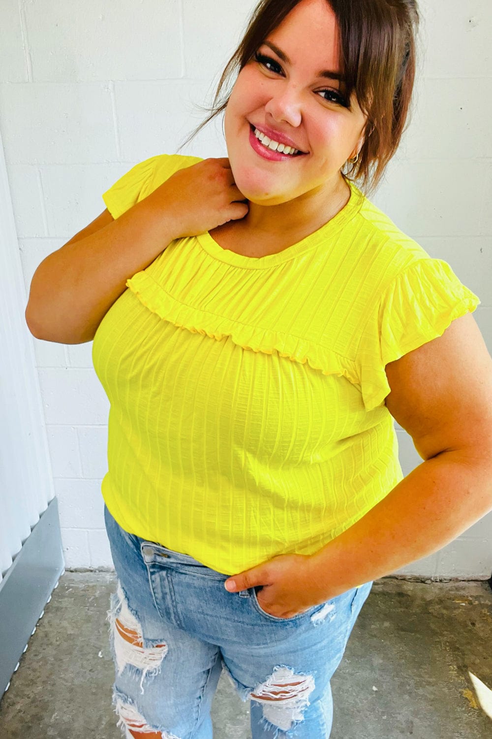 Yellow Wide Rib Frilled Short Sleeve Yoke Top - Coeur de la Mode