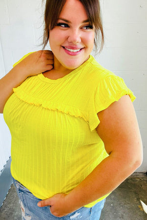 Yellow Wide Rib Frilled Short Sleeve Yoke Top - Coeur de la Mode