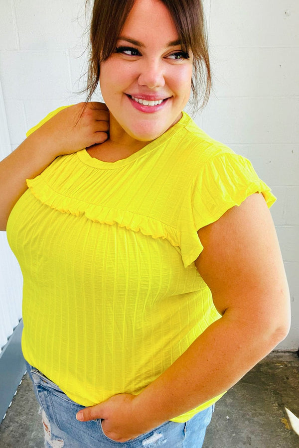 Yellow Wide Rib Frilled Short Sleeve Yoke Top - Coeur de la Mode