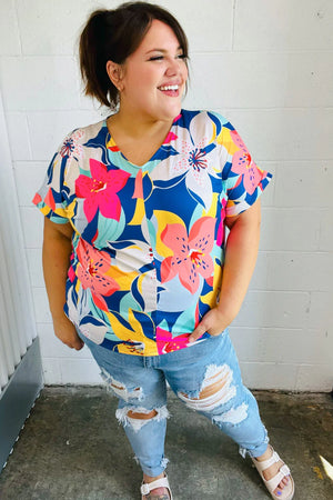 Navy & Yellow Tropical Floral V Neck Top - Coeur de la Mode