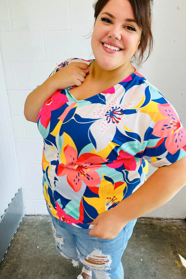 Navy & Yellow Tropical Floral V Neck Top - Coeur de la Mode