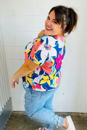 Navy & Yellow Tropical Floral V Neck Top - Coeur de la Mode