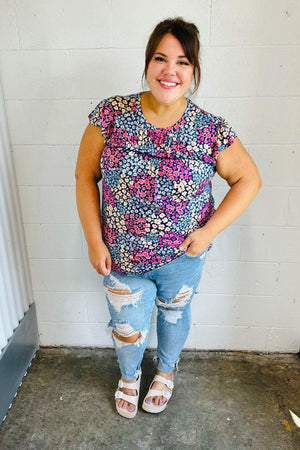 Navy Floral Print Frilled Short Sleeve Yoke Top - Coeur de la Mode