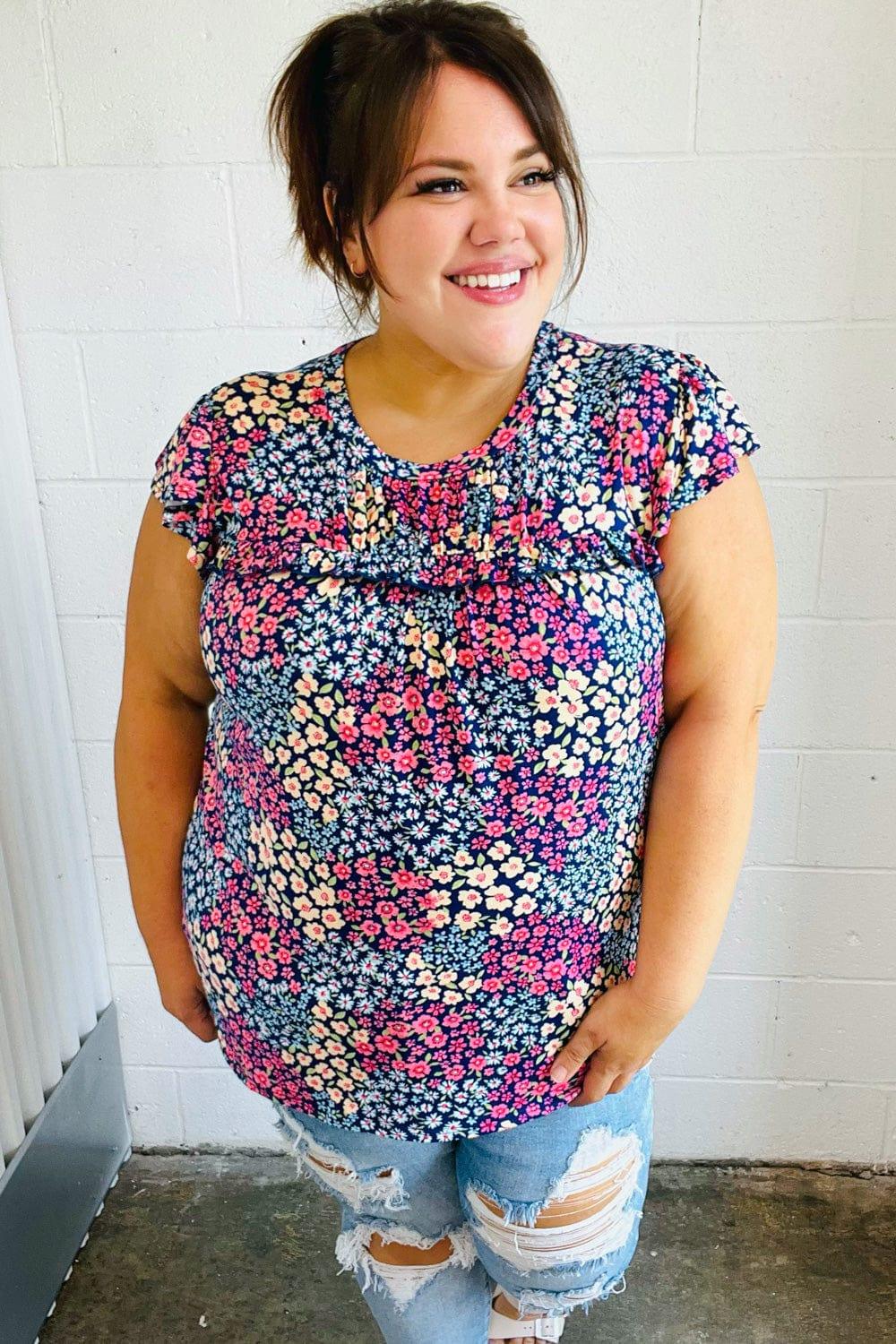 Navy Floral Print Frilled Short Sleeve Yoke Top - Coeur de la Mode