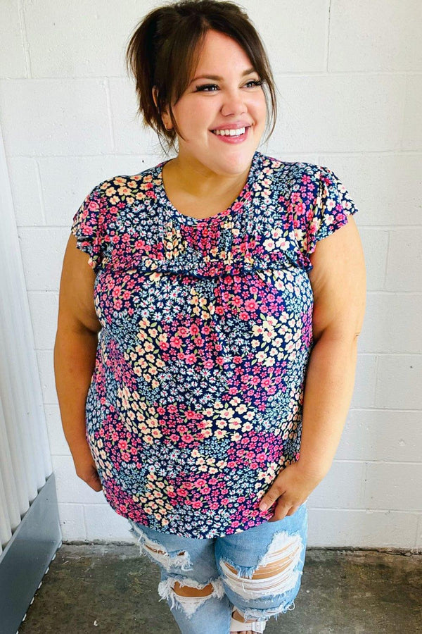 Navy Floral Print Frilled Short Sleeve Yoke Top - Coeur de la Mode