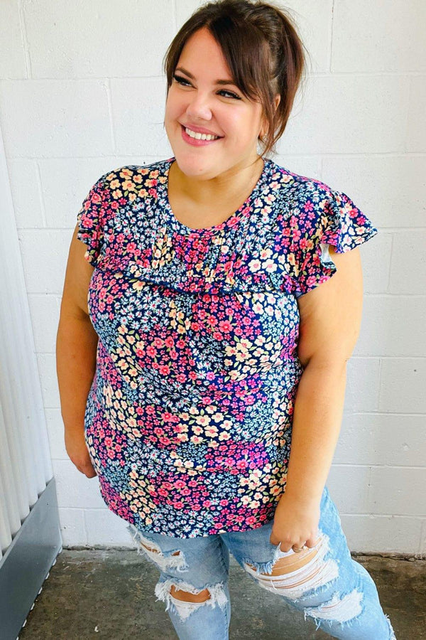 Navy Floral Print Frilled Short Sleeve Yoke Top - Coeur de la Mode