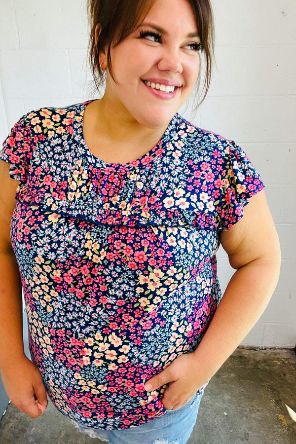 Navy Floral Print Frilled Short Sleeve Yoke Top - Coeur de la Mode