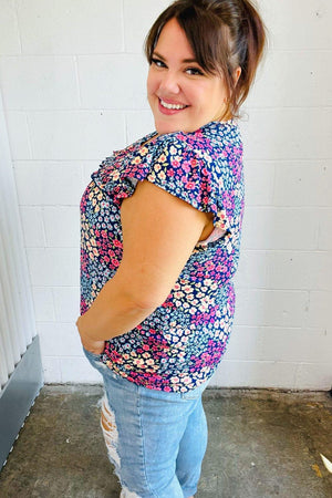 Navy Floral Print Frilled Short Sleeve Yoke Top - Coeur de la Mode