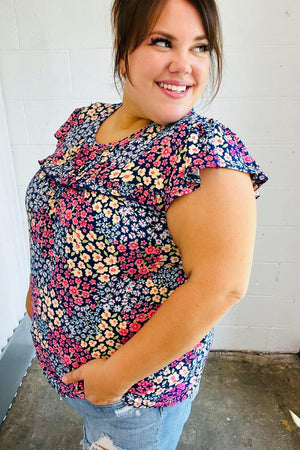 Navy Floral Print Frilled Short Sleeve Yoke Top - Coeur de la Mode