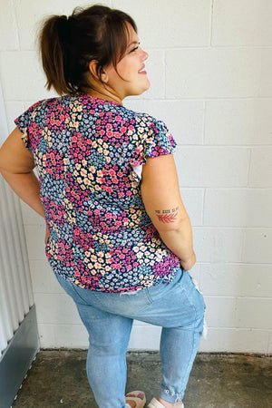 Navy Floral Print Frilled Short Sleeve Yoke Top - Coeur de la Mode