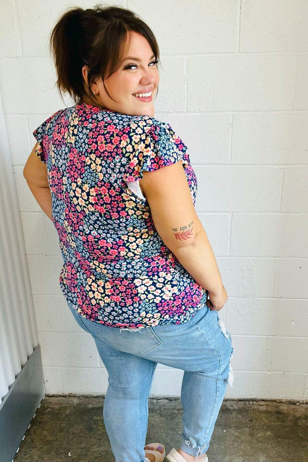 Navy Floral Print Frilled Short Sleeve Yoke Top - Coeur de la Mode