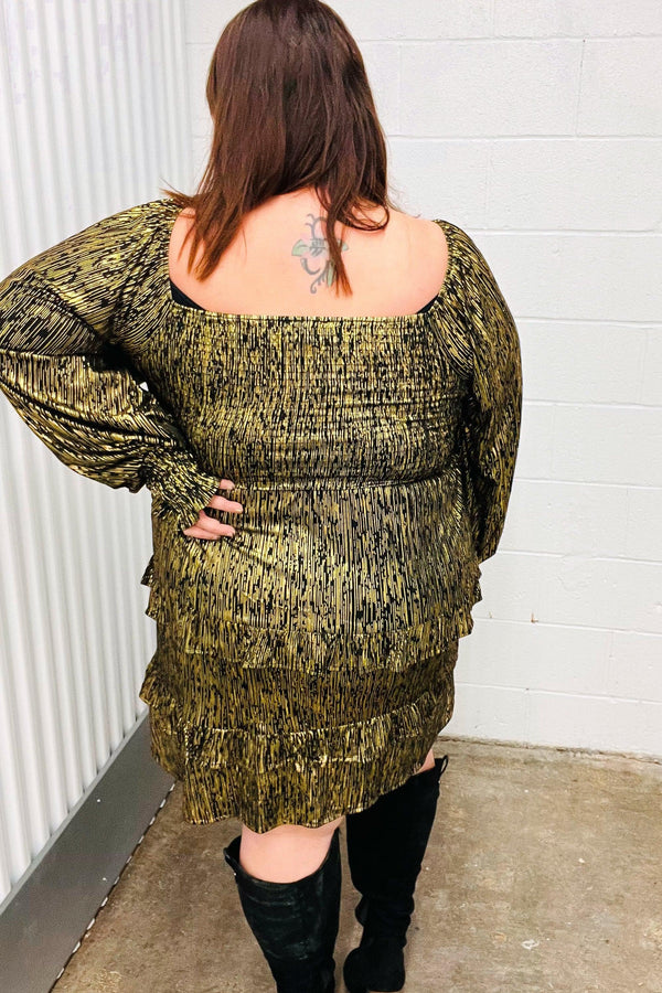 Dazzling Black Gold Foiled Smocked Fit & Flare Dress - Coeur de la Mode