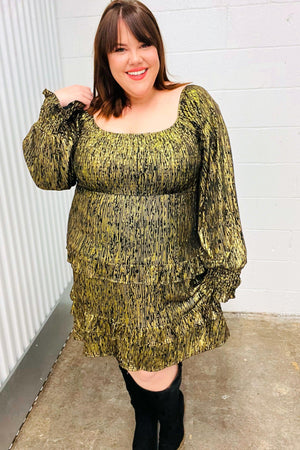 Dazzling Black Gold Foiled Smocked Fit & Flare Dress - Coeur de la Mode